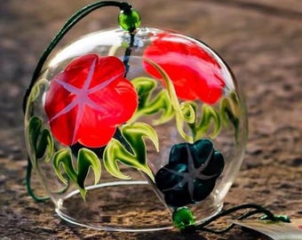 Japanese Glass Wind Chime, Floral Furin Wind Bell, Handmade Hanging Ornament, Garden Wind Chime, Zen Balcony Decor