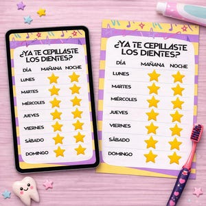 May include: Digital download with a dental hygiene chart. The text reads "¿YA TE CEPILLASTE LOS DIENTES?" (Did you brush your teeth?). Includes a toothbrush, a tablet, and a paper chart with star stickers for tracking morning and night brushing.