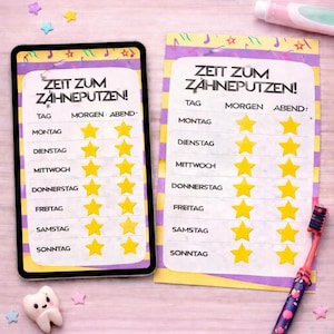 May include: Two tooth brushing charts with the text "ZEIT ZUM ZÄHNEPUTZEN!" and a "DIGITAL DOWNLOAD" banner. Each chart has a section for each day of the week, with morning and evening slots marked by yellow stars. A toothbrush and a tooth-shaped figurine are also visible.
