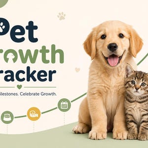 Könnte beinhalten: Ein goldener Retriever-Welpe und ein Tabby-Kätzchen sitzen zusammen vor einer Grafik mit der Aufschrift "Pet Growth Tracker". Der Text darunter lautet "Track Milestones. Celebrate Growth." Der Hintergrund ist hellbeige mit Pfotenabdrücken und Symbolen.