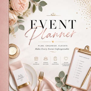 May include: A pink event planner with the words "EVENT Planner" in black and rose gold. The planner includes a checklist, a gold pen, and a gold fork. The text "PLAN. ORGANIZE. ELEVATE. Make Every Event Unforgettable" is also visible.