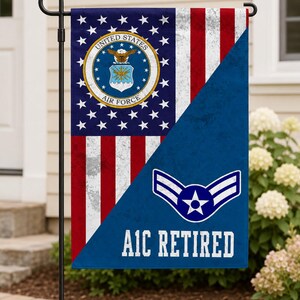 A1C Retired Air Force Veteran Garden Flag, Airman First Class Military Retirement House Flag Gift