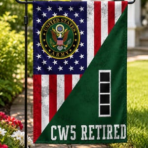 May include: A rectangular garden flag featuring a split design. The upper left shows the United States flag with the Army emblem. The lower right is dark green with four black squares and the white text CWS RETIRED printed at the bottom.
