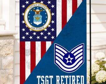 Air Force Veteran Retired E-6 Technical Sergeant TSgt Rank Insignia Garden Flag, House Flag, Military Retirement Gift