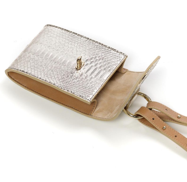 Puede incluir: Un bolso peque&ntilde;o rectangular con una solapa plateada metalizada con textura de piel de serpiente y un cierre giratorio dorado. El cuerpo del bolso es de color tostado claro con un forro interior liso y dos correas finas de cuero ajustables.