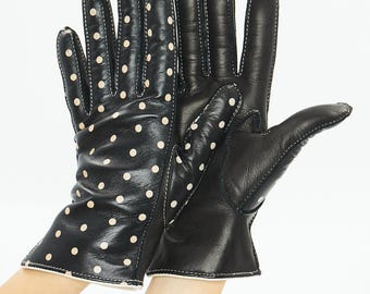 Guantes de piel de lujo para mujer, guantes de piel de cordero italiana, guantes de lunares hechos a mano, guantes de piel de diseño, hechos en nuestro taller.