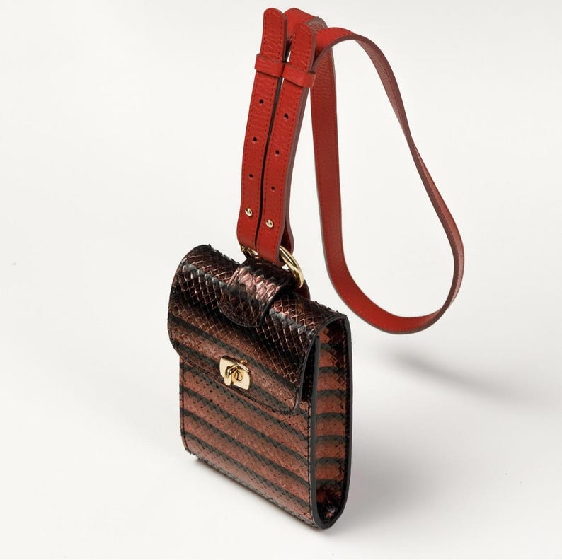 Puede incluir: Un bolso rectangular vertical con un patr&oacute;n de textura de piel de serpiente en marr&oacute;n oscuro y negro con rayas horizontales. El bolso incluye un cierre de giro de metal dorado en la solapa frontal y una correa de hombro larga de cuero rojo.