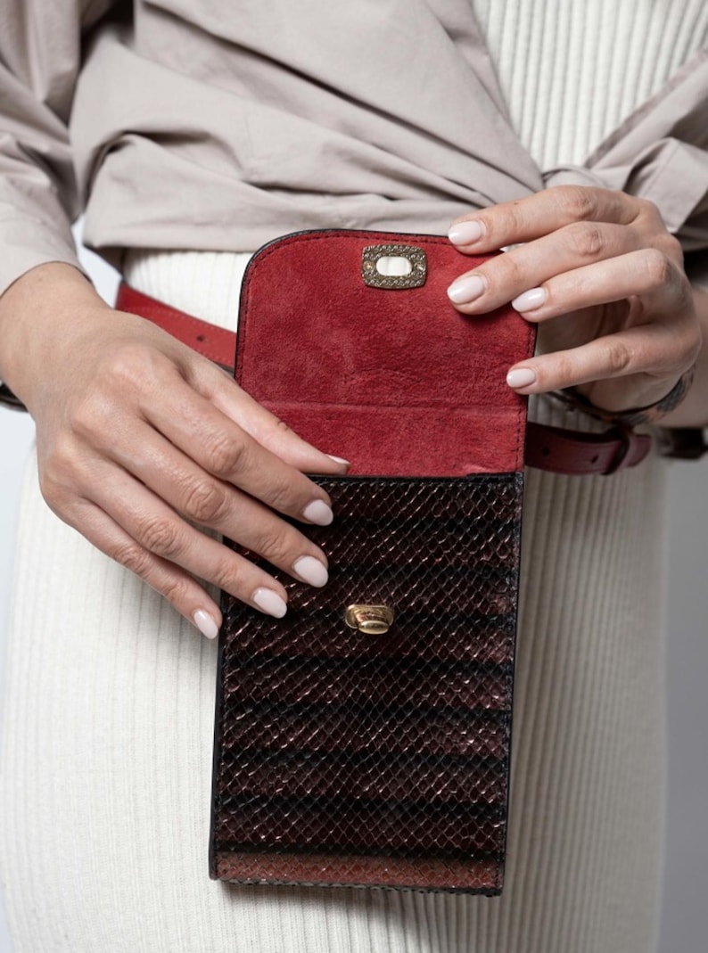 Puede incluir: Un bolso de cintur&oacute;n rectangular vertical con un exterior de textura de piel de serpiente marr&oacute;n oscuro y un forro interior de ante rojo intenso. El bolso incluye un cierre de giro de metal dorado en la solapa y una correa de cintur&oacute;n de cuero rojo.