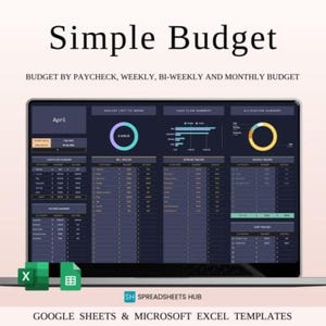 Könnte beinhalten: Ein Laptop mit einer Budget-Tabelle mit dem Text "Simple Budget". Der Bildschirm zeigt Finanzdaten, die nach Gehalt, wöchentlich, zweiwöchentlich und monatlich organisiert sind. Enthält Excel-Symbole und den Text "Google Sheets & Microsoft Excel Templates."