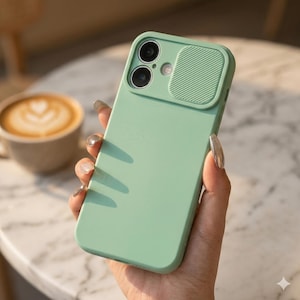 Puede incluir: Una funda de teléfono verde claro con una cubierta de cámara, sostenida en una mano. La funda tiene un acabado liso y una cubierta de cámara rectangular con líneas horizontales. La funda tiene dos lentes de cámara y un flash.