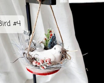 1 White Christmas bird nest Dove Ornament, Winter Home Decor, Small Decoration for tiered tray, mini hanging basket, mini brush tree