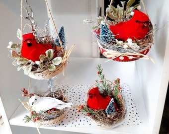 Red Cardinal Christmas Bird Nest Ornament, Hanging, home Decor Tiered Tray, handmade holiday gift, sparkly floral accent, mini brush tree