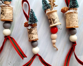 Handmade vintage Retro Christmas Ornaments 4 pack, repurposed wood spools with decoupage Disney cartoon comic, mini brush trees, ribbon