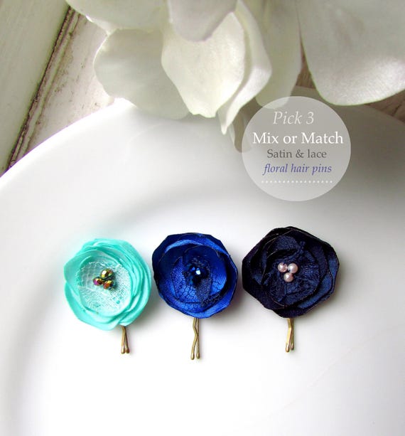 Pick 3 Floral Hair Pin Flowers Bobby Pins Royal Blue Bridal Etsy