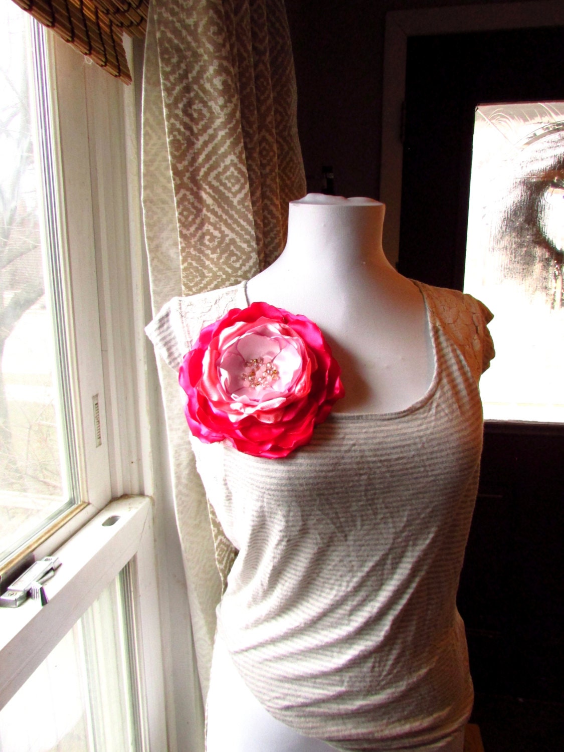 Extra Large Brooch Silk Fabric Flower Pin Beaded Oversized