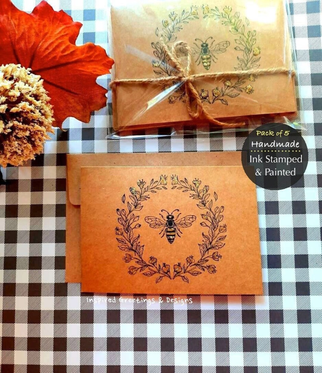Pack Of 5 Blank Cards Bee Notes Plain Stationery Gift Hand Stamped pack-of-5-blank-cards-bee-notes-plain-stationery-gift-hand-stamped