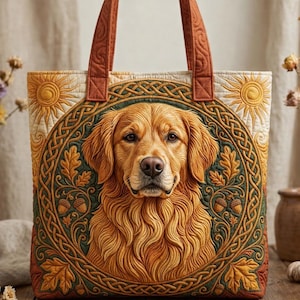 Può includere: Borsa tote trapuntata con un ritratto dettagliato di un cane Golden Retriever. La borsa ha manici marroni e un bordo decorativo con foglie di quercia, ghiande e soli. La tavolozza dei colori include oro, marrone, verde e crema.