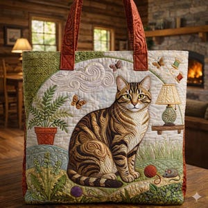 May include: Quilted tote bag featuring a detailed tabby cat design. The bag has a light background with a cat, butterflies, a lamp, and a potted plant. The handles are a reddish-brown color. The bag is sitting on a wooden surface.