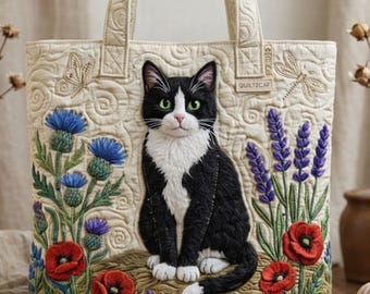 Pikowana torba z motywem kota, kwiatowy wzór z kotem, czarno-biała torba z kotem, torba z lawendowym makiem, ręcznie robiona torba bawełniana, prezent dla miłośnika kotów