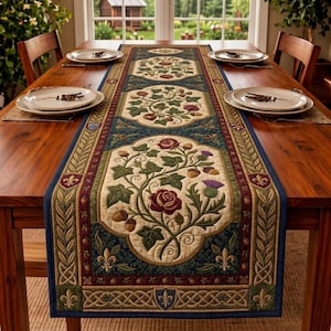 May include: A long rectangular table runner featuring a quilted design with three central cream-colored medallions. Each medallion displays embroidered red roses, green ivy leaves, brown acorns, and purple thistles. The border includes fleur-de-lis motifs.