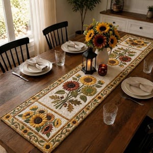 Sunflower Harvest Floral Quilted Table Runners, Farmhouse Fall Dining Decor, Rustic Autumn Kitchen Table Centerpiece