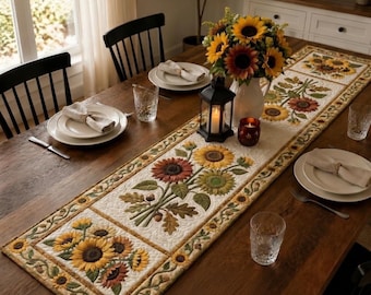 Sunflower Harvest Floral Quilted Table Runners, Farmhouse Fall Dining Decor, Rustic Autumn Kitchen Table Centerpiece