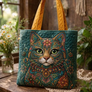 May include: A teal quilted tote bag featuring a detailed, colorful cat face design. The cat has green eyes and is surrounded by floral patterns in shades of orange, pink, and blue. The bag has mustard yellow handles.