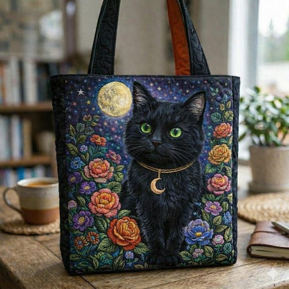 Black Cat Quilted Tote Bag, Floral Moon Cat Bag, Cottagecore Aesthetic Bag, Cute Cat Lover Gift, Boho Handmade Style Tote