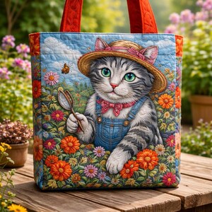 Cat Garden Quilted Tote Bag, Floral Patchwork Bag, Cute Kitten Tote, Cottagecore Fabric Bag, Handmade Style Shopper Gift