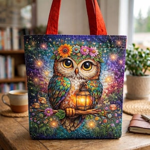 Puede incluir: Bolso tote acolchado con una ilustración de búho colorido. El búho lleva una corona de flores y sostiene una linterna. El bolso tiene asas rojas y un fondo estrellado, ideal para libros o compras.