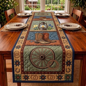 Camino de mesa acolchado con retazos de vaquero del oeste, decoración rústica de granja, diseño de ruedas de carreta, botas y estrellas, mantel para mesa de comedor de cocina campestre