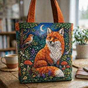 Gewatteerde draagtas vos, patchworktas bosdieren, draagtas Cottagecore Forest, schattig natuurcadeau, boho-schoudertas bloemen
