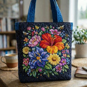 Puede incluir: Un bolso tote acolchado con un diseño floral vibrante. El bolso presenta un fondo azul oscuro con un ramo bordado de flores coloridas, que incluyen hibiscos rojos, iris azules y margaritas amarillas. Las asas azules completan el diseño.