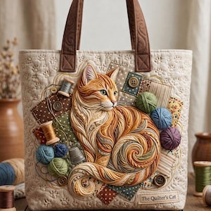 May include: A beige tote bag with a quilted design featuring a detailed orange tabby cat. The bag is decorated with patches, spools of thread, buttons, and the text "The Quilter's Cat". Brown handles complete the design.