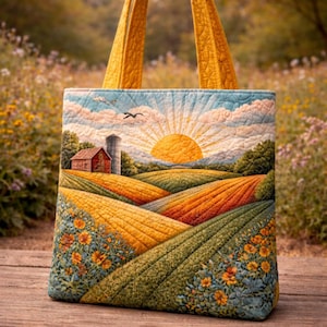 Autumn Farm Landscape Quilted Tote Bag, Sunset Field Patchwork Tote Bag, Country Nature Shoulder Bag, Gift For Mom