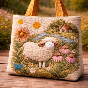 May include: Cream-colored tote bag with a quilted pastoral scene featuring a sheep, flowers, and a small house. The bag has mustard-yellow handles and is decorated with embroidered daisies, pink coneflowers, and a blue butterfly. The bag is sitting on a wooden surface.