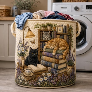 Panier à linge matelassé déco bibliothèque chat, poubelle de rangement pour amoureux des livres, panier en tissu fleuri, cadeau organisateur de salle de lecture confortable