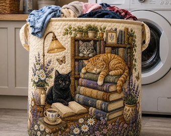 Cesta de ropa acolchada con diseño de biblioteca de gatos, contenedor de almacenamiento para amantes de los libros, cesta de tela floral, organizador acogedor para la sala de lectura.