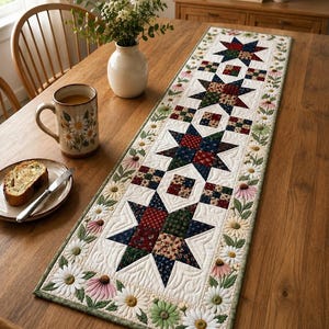 May include: A decorative table runner featuring a star design in red, blue, and green. The runner is adorned with a border of white daisies and pink coneflowers. It rests on a wooden table, alongside a mug and plate.