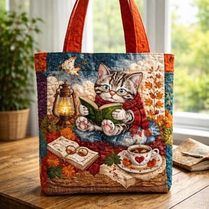 Pikowana torba z motywem kota czytającego książki, przytulna torba z motywem kota w biblioteczce, uroczy prezent dla miłośnika książek w kształcie kociaka, patchworkowa torba Cottagecore