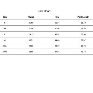 May include: A size chart with measurements for pants. Sizes range from S to XXXL. Waist measurements range from 25.98 inches to 33.86 inches. Hip measurements range from 39.37 inches to 47.24 inches. Pant lengths range from 38.19 inches to 40.16 inches.