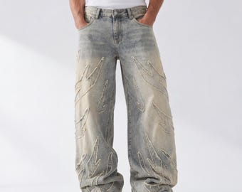 Jeans met wijde pijpen in Y2K-stijl | Denimbroek met distressed patchwork | Wijde streetwear-jeans