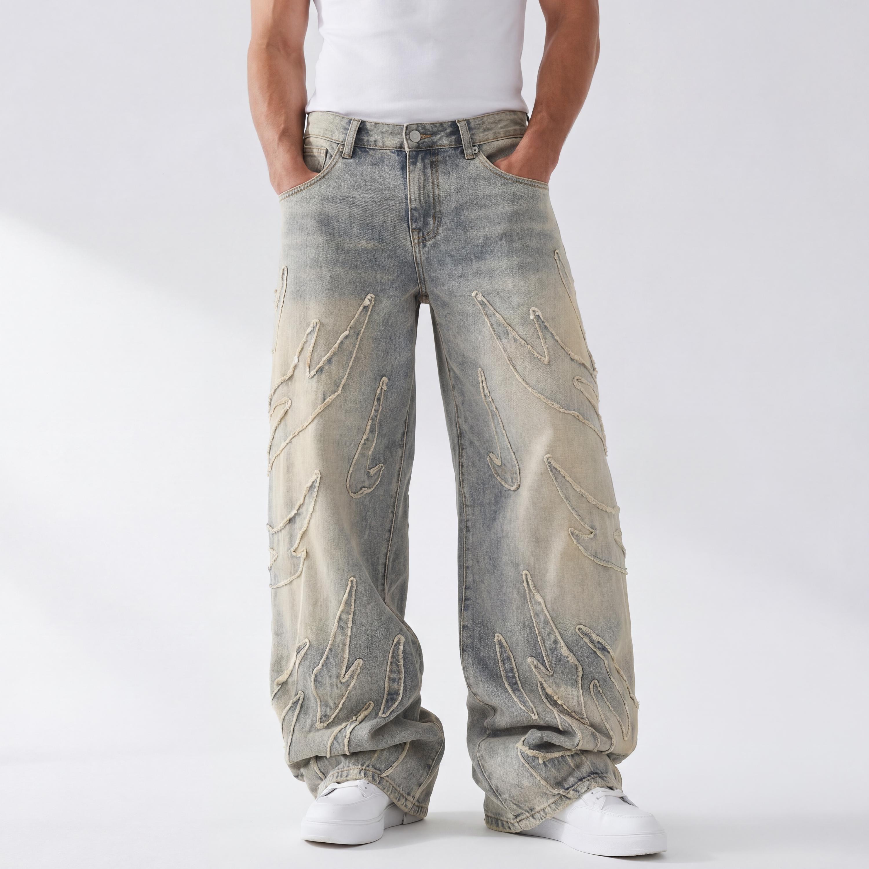 Y2K Style Wide Leg Jeans | Distressed Patchwork Denim Pants