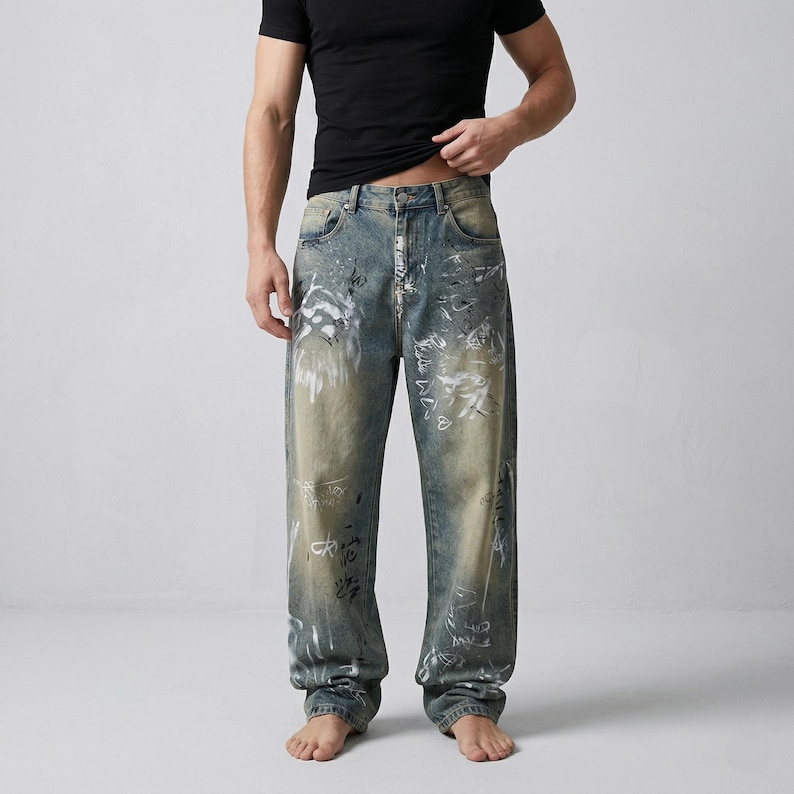 May include: Blue denim jeans with a relaxed fit, featuring white graffiti-style designs. The jeans have a faded wash and a classic five-pocket design. The model is wearing a black t-shirt.