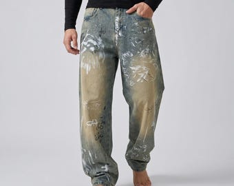 Baggy graffitijeans heren | Streetwear losse spijkerbroek Y2K hiphop