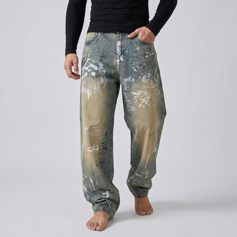 May include: Baggy, distressed denim jeans with a light blue wash and tan fading. The jeans feature white graffiti-style markings and a relaxed fit. The model is wearing a black long-sleeve shirt.
