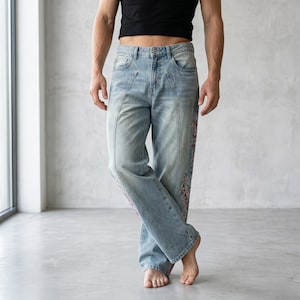 Geborduurde jeans met kersenbloesem | Losse streetwear-denimbroek afbeelding 3