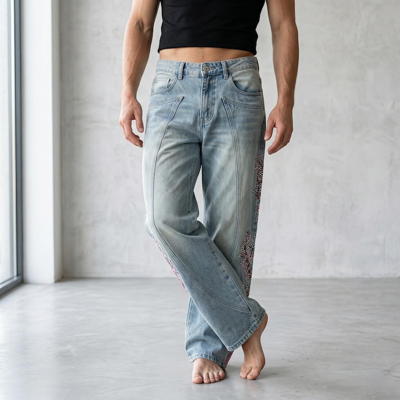 Geborduurde jeans met kersenbloesem | Losse streetwear-denimbroek afbeelding 3