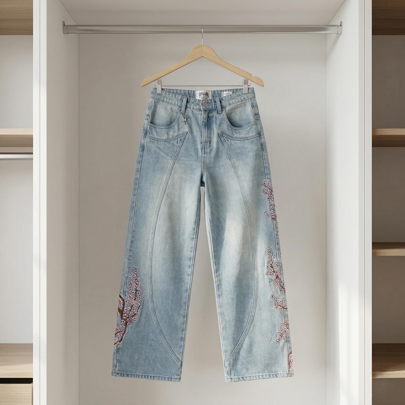 Op de afbeelding: Lichtblauwe jeans met geborduurde bloemmotieven in rood en roze. De jeans heeft een hoge taille en een wijde pijp. Het hangt aan een houten hanger in een witte kast.