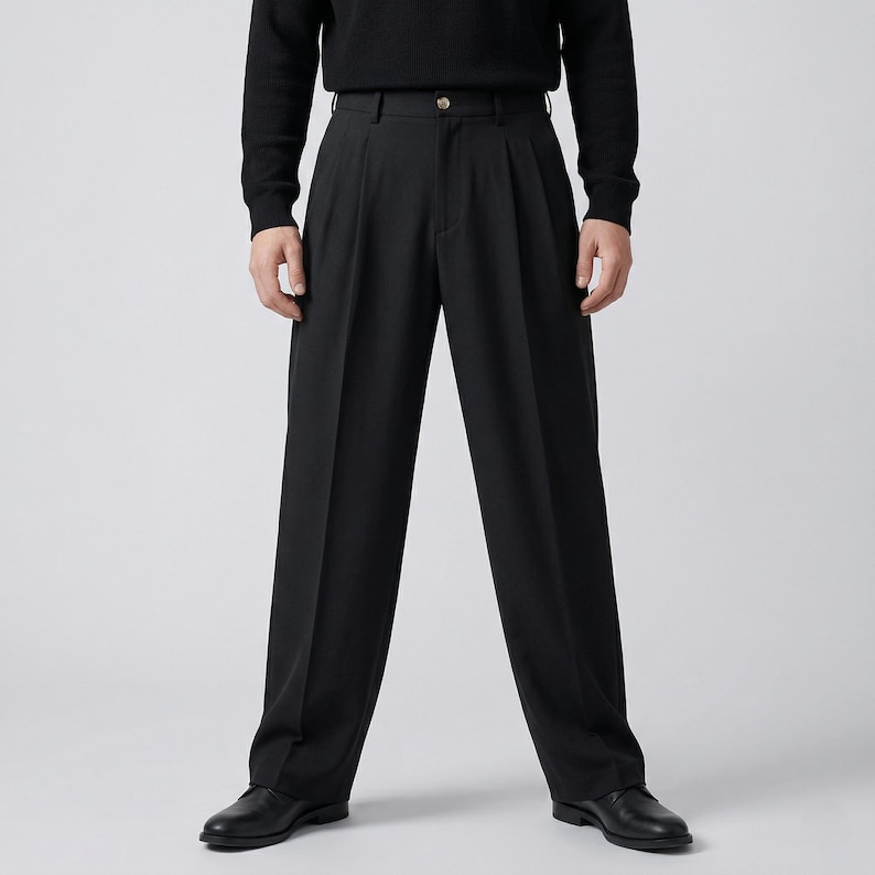 Pu&ograve; includere: Pantaloni neri a pieghe con chiusura a bottone e design a gamba larga. I pantaloni sono abbinati a un maglione nero e scarpe in pelle nere. I pantaloni hanno un look classico e su misura.
